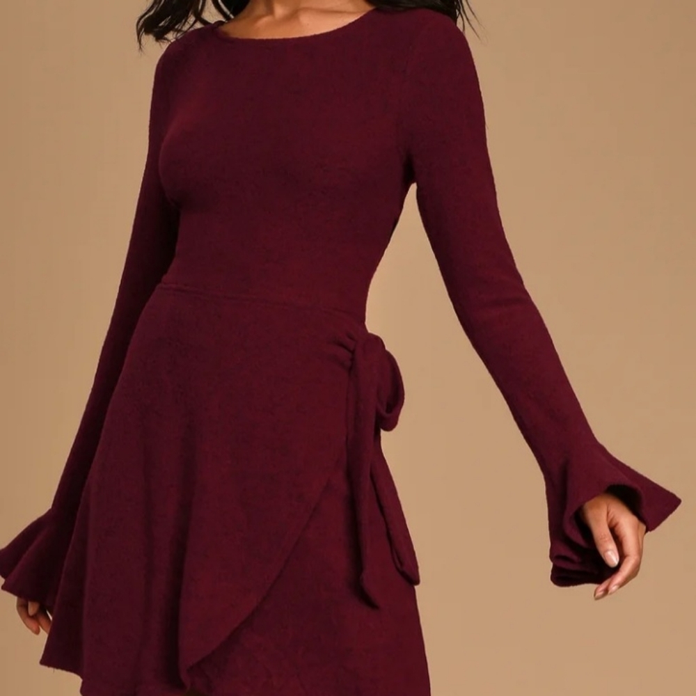 LULU'S Favorite Tune Burgundy Faux Wrap Long Sleeve Comfy Sweater Dress Size M